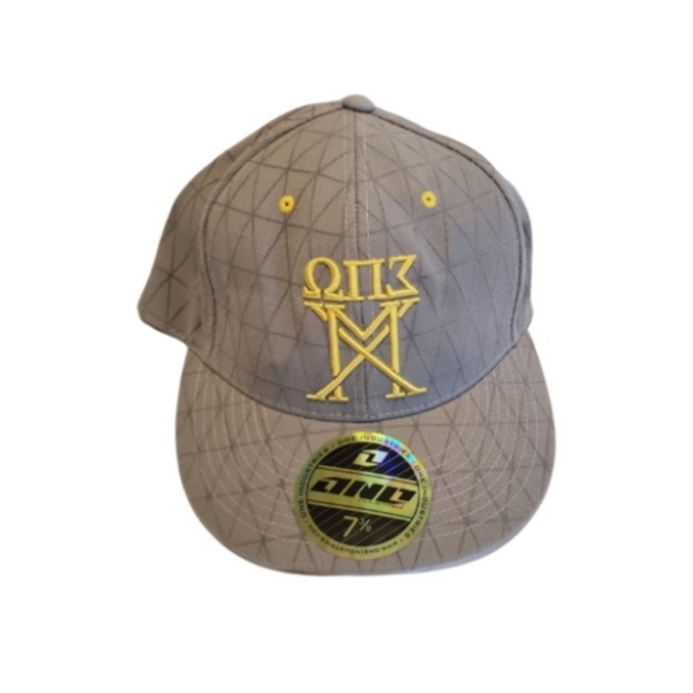 NEW One Industries Omega Pi Sigma Hat Gray Yellow 7 3/8 Flat Rim Frat Greek